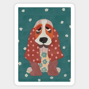 Hamish the Appliqué Patchwork Basset Hound Puppy with daisies and polka dots Sticker